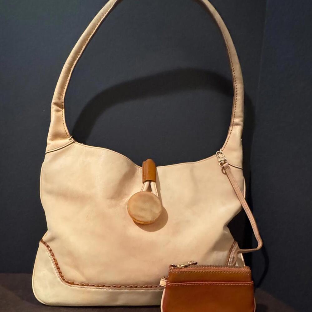Vintage Tre Vero Smooth Nubuck Handbag Beige small wallet attached 12  x 13 - Picture 2 of 9